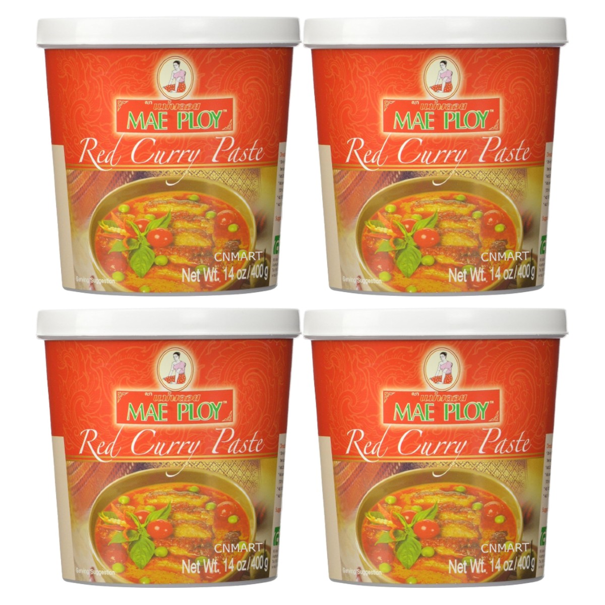Mae Ploy Thai Red Curry Paste 400g pack of four plastic tubs with red labels and Thai red curry serving suggestion
