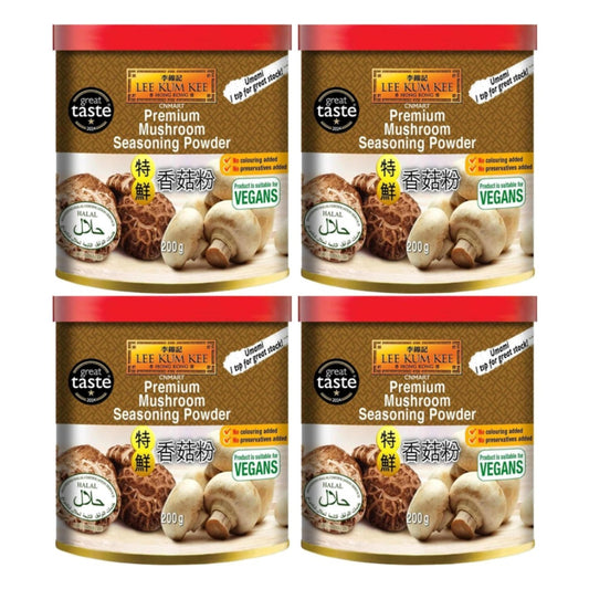 Mushroom seasoning powder multipack featuring four 200g tubs of Lee Kum Kee Premium Mushroom Seasoning Powder, vegan and halal suitable, with shiitake and mushroom imagery, no colouring added and no preservatives added packaging.