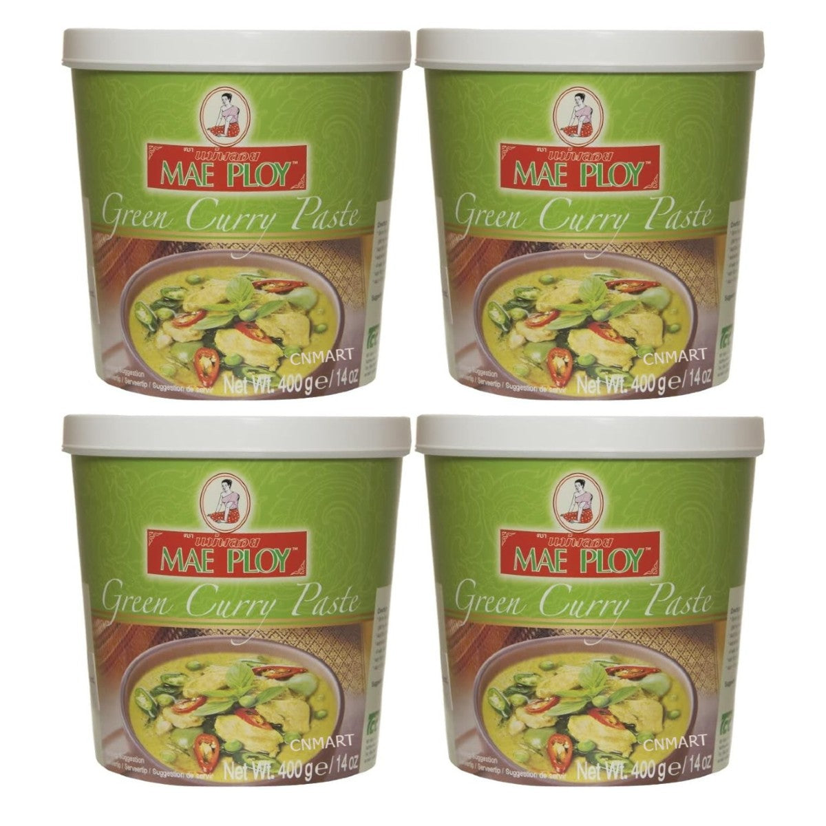 Mae Ploy Thai Green Curry Paste 400g four pack in green plastic tubs with serving suggestion image