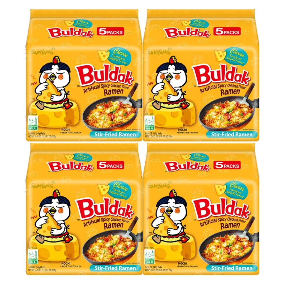 Samyang Buldak Hot Chicken Cheese Flavour Ramen Instant Noodles 140g pack of 20 shown as four yellow 5-pack multipacks of Korean spicy stir-fried ramen