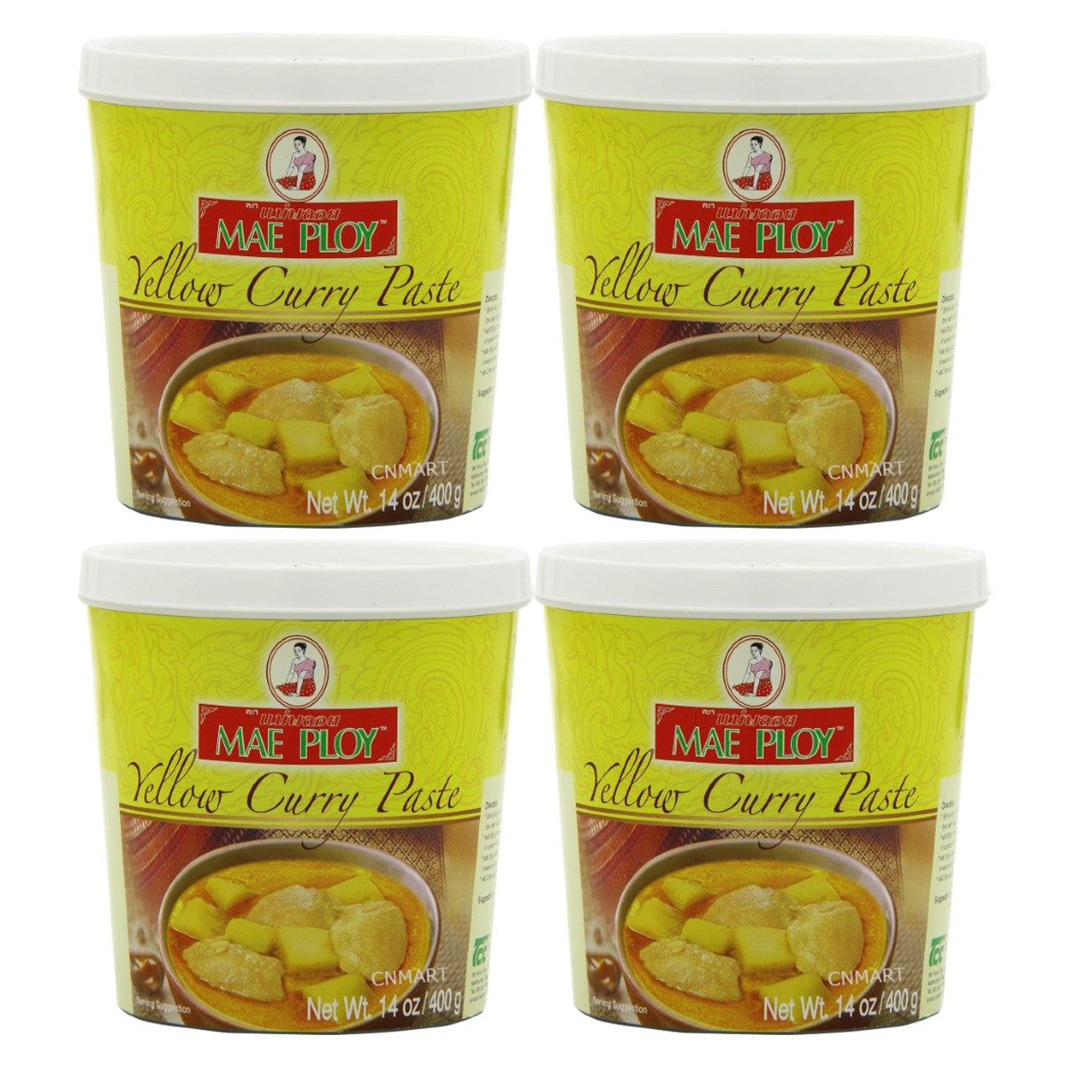 Mae Ploy Thai Yellow Curry Paste 400g pack of four plastic tubs with yellow labels and Thai curry serving suggestion