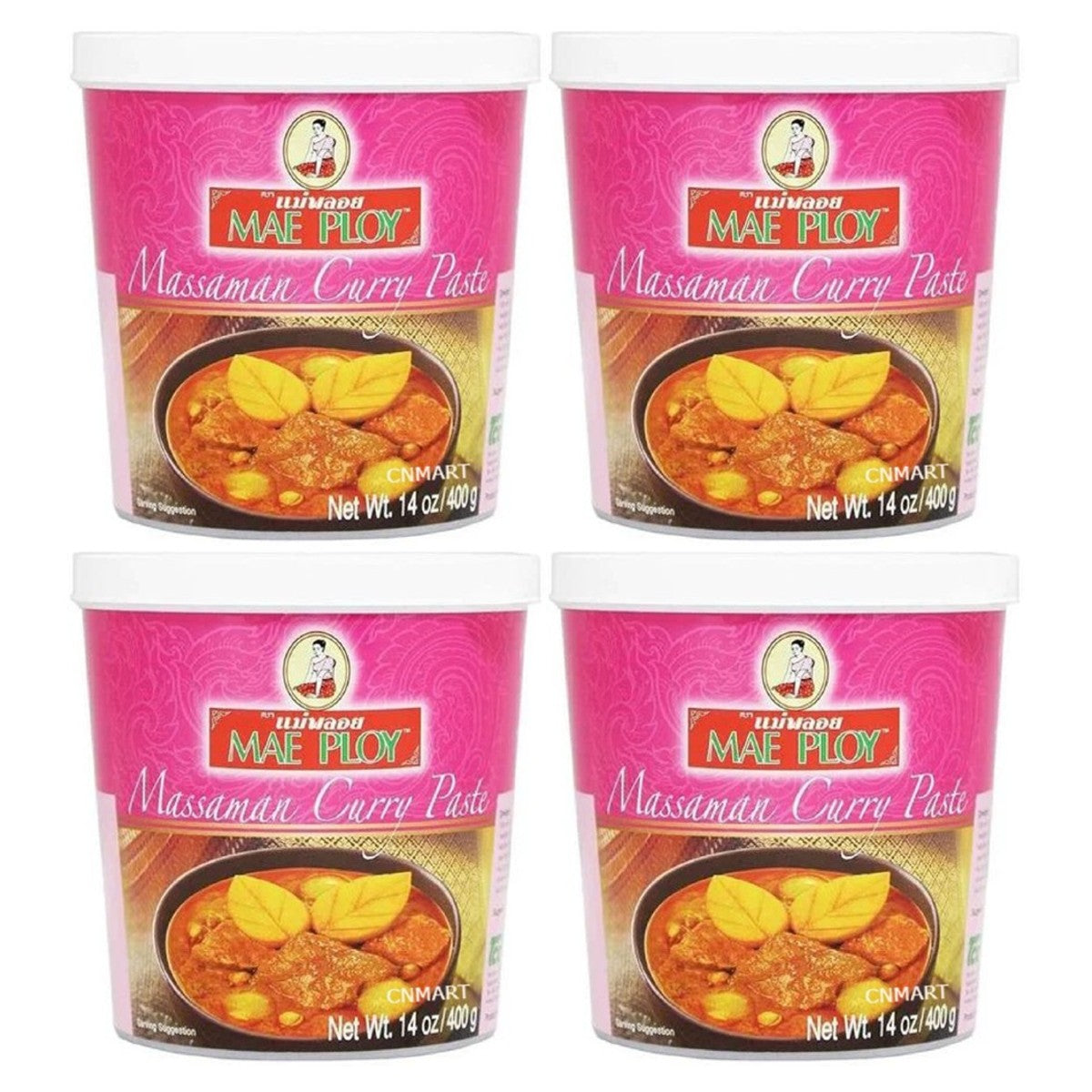 Mae Ploy Thai Massaman Curry Paste 400g pack of four sealed plastic tubs with Massaman curry serving suggestion on the label