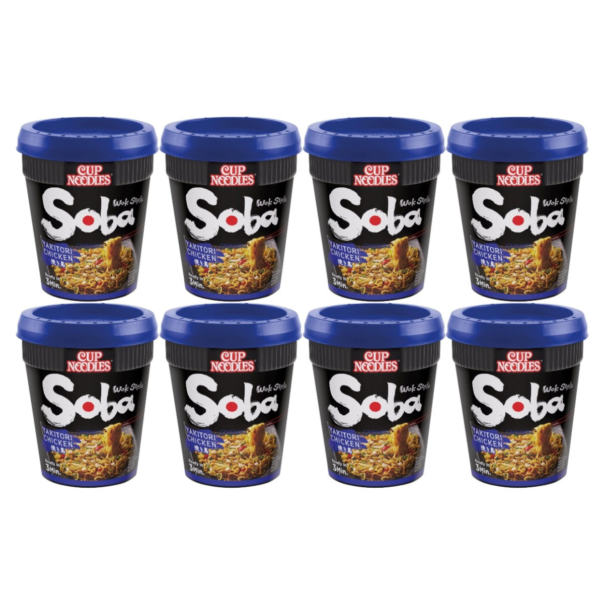 Nissin Soba Yakitori Chicken Wok Style instant cup noodles multipack featuring 8 Japanese style noodle cups with savoury chicken flavour and blue lid packaging