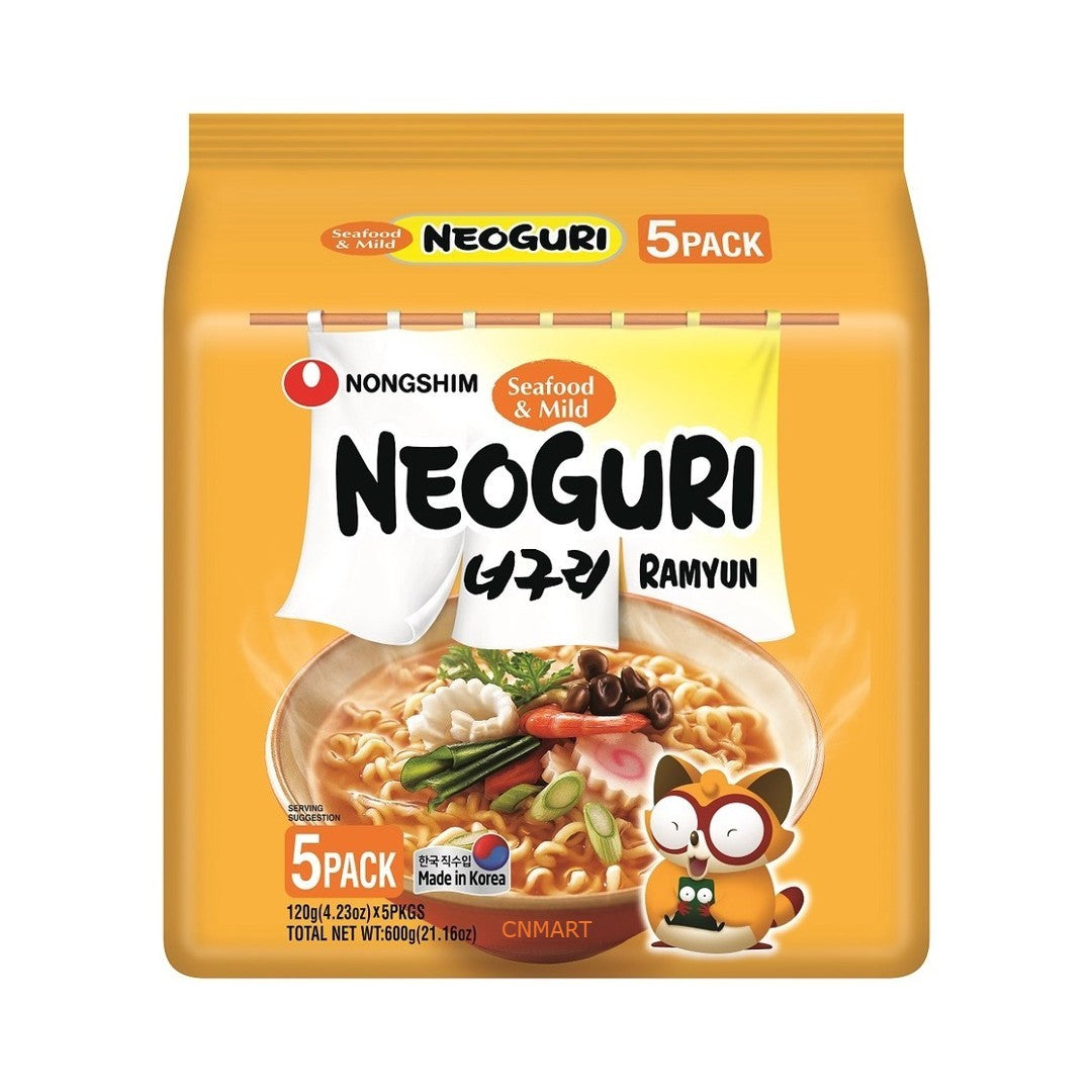 Front image of Nongshim Neoguri Seafood and Mild Ramyun 5 Pack showing the yellow multi bag packaging with a bowl of seafood noodle soup and the cartoon raccoon character.