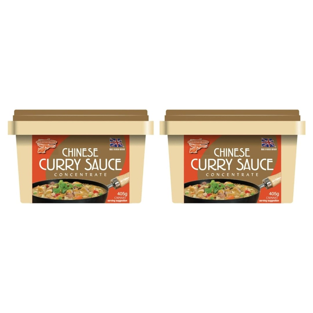 Two tubs of Goldfish Chinese Curry Sauce Paste Concentrate 405g shown side by side with beige plastic jars, brown lids and curry serving suggestion image