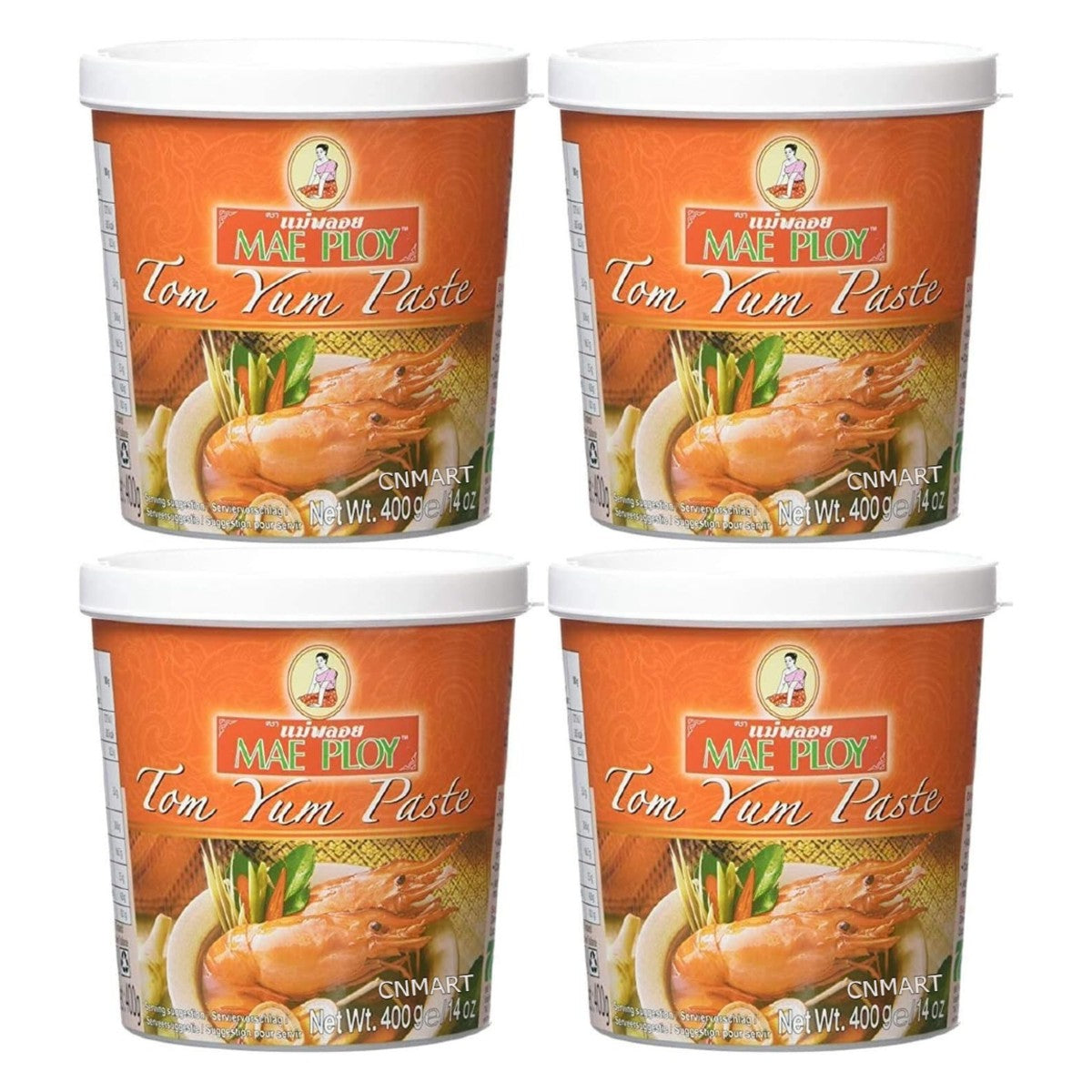 Four tubs of Mae Ploy Thai Tom Yum Curry Paste 400g with orange packaging, white lids and shrimp image on the label, front view product image