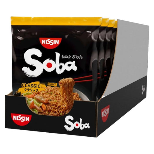Nissin Soba Fried Instant Noodles Wok Style Classic Flavour 109g shown in a retail display box containing nine individual packets
