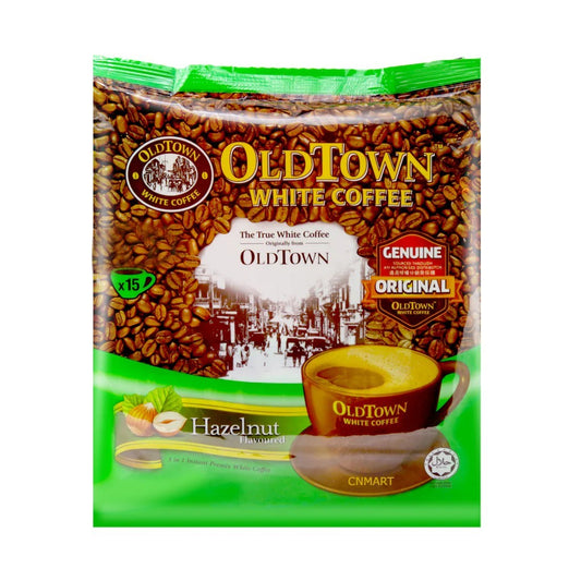 Old Town 3 in 1 Hazelnut White Coffee 15 Sachets 474g Malaysian instant premix coffee in green retail pack with hazelnut flavour
