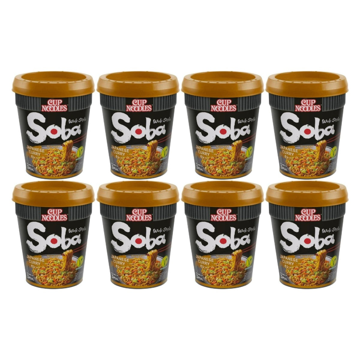 Nissin Soba Japanese Curry Flavour wok style instant noodle cups multipack with eight black cup noodle containers displayed on a white background.