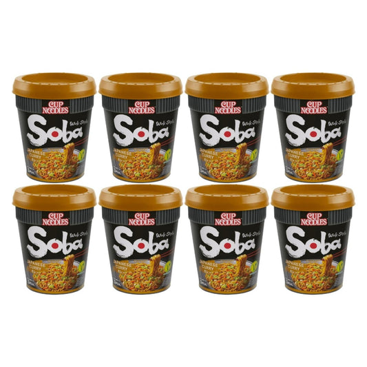 Nissin Soba Japanese Curry Flavour wok style instant noodle cups multipack with eight black cup noodle containers displayed on a white background.
