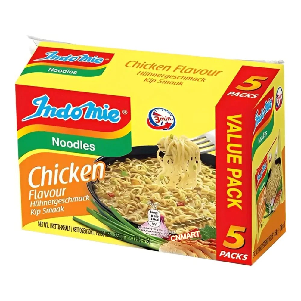 Indomie Chicken Flavour instant noodles value pack box containing 5 individual soup-style noodle packs.
