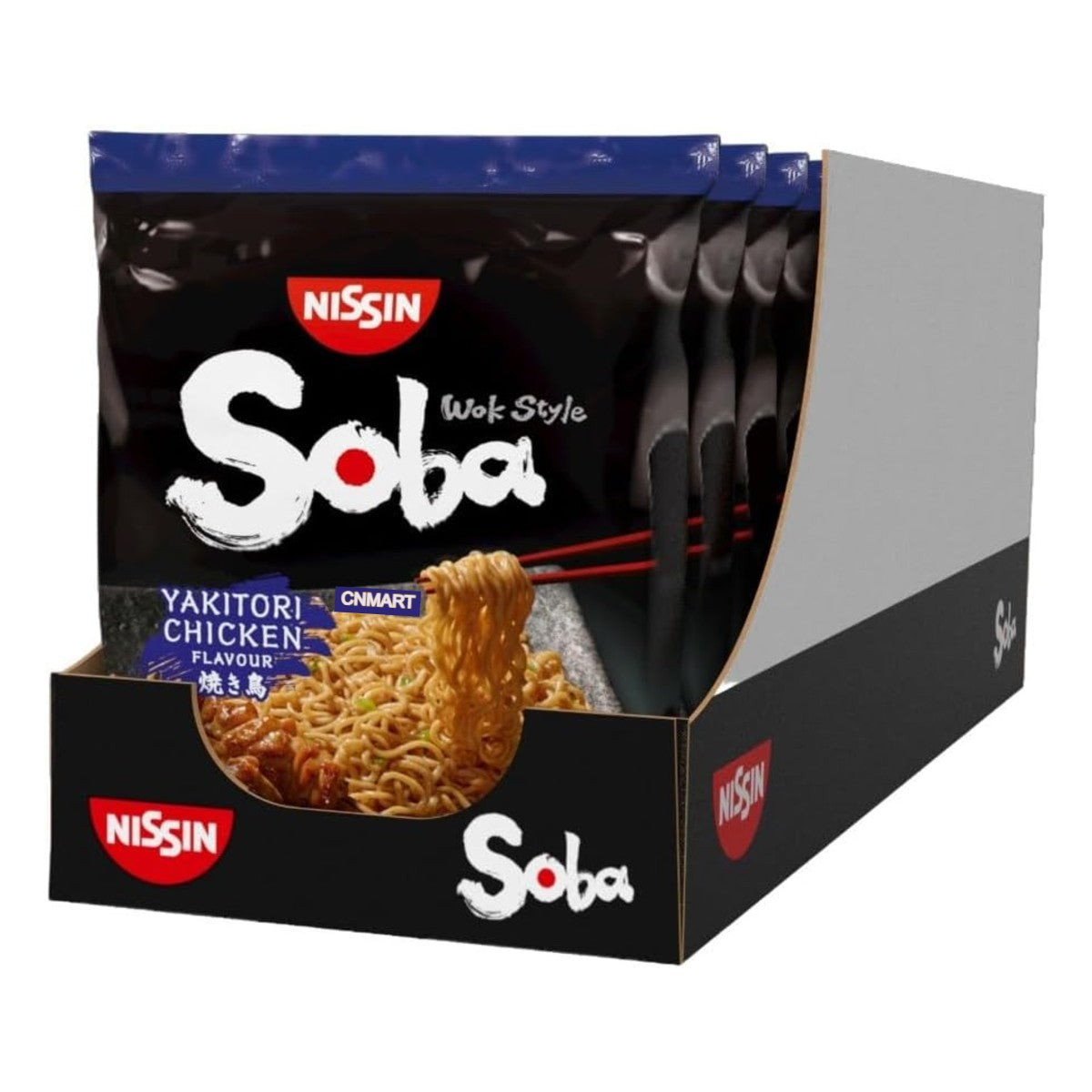 Nissin Soba Wok Style Fried Instant Noodle Yakitori Chicken Flavour 110g shown in a retail display box containing nine individual packets
