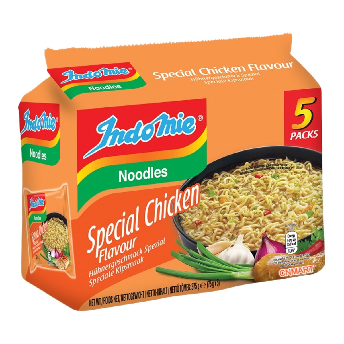 Indomie Special Chicken Flavour instant noodles value pack containing 5 individual soup-style noodle packs.