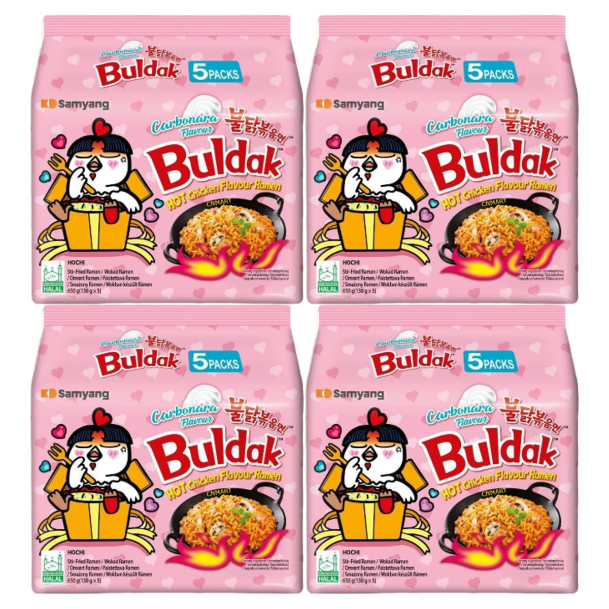 Four Samyang Buldak Carbonara hot chicken flavour instant ramen 5 pack bags in pink packaging, showing creamy stir fried noodles, halal certification and the Buldak chicken character illustration