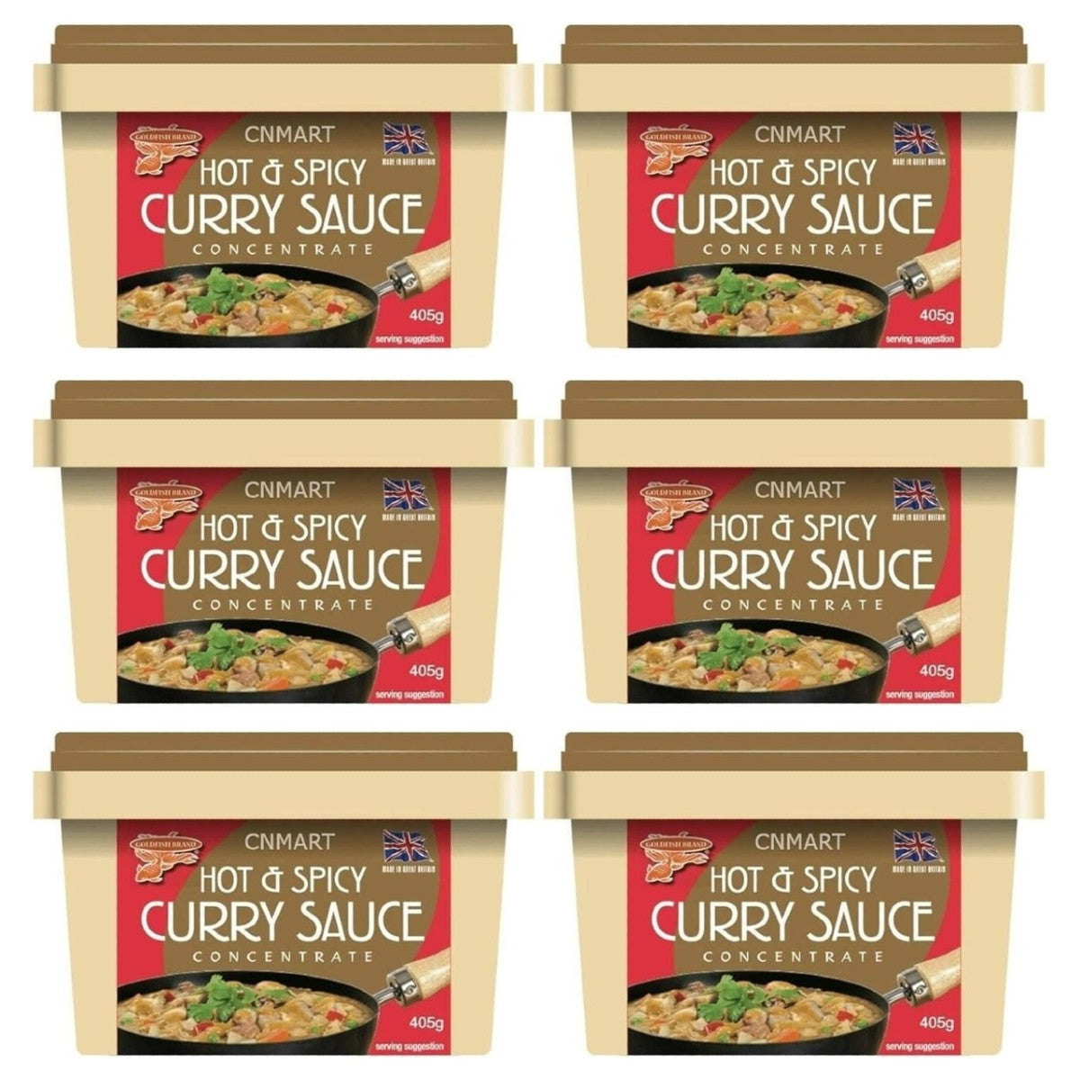 Six tubs of Goldfish Hot & Spicy Curry Sauce Concentrate 405g displayed together with red and gold packaging and curry serving suggestion image
