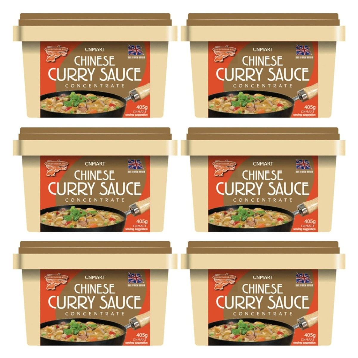 Six tubs of Goldfish Chinese Curry Sauce Paste Concentrate 405g displayed together in beige plastic jars with brown lids and curry serving suggestion image