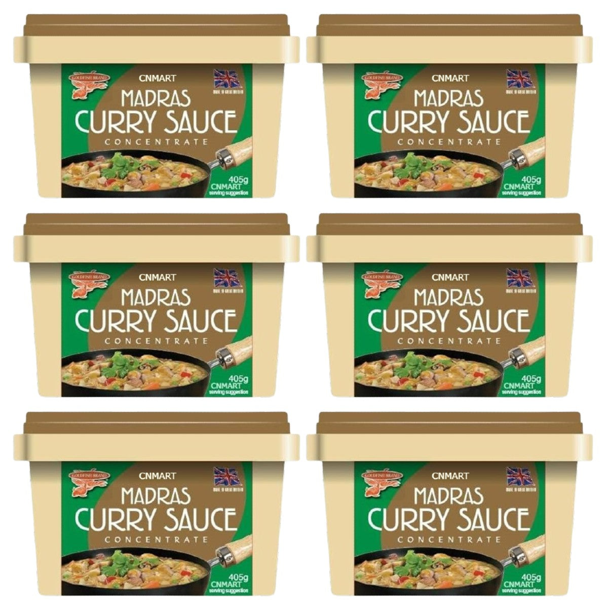 Six tubs of Goldfish Madras Curry Sauce Paste Concentrate 405g in beige plastic tubs with green labels and curry serving suggestion image