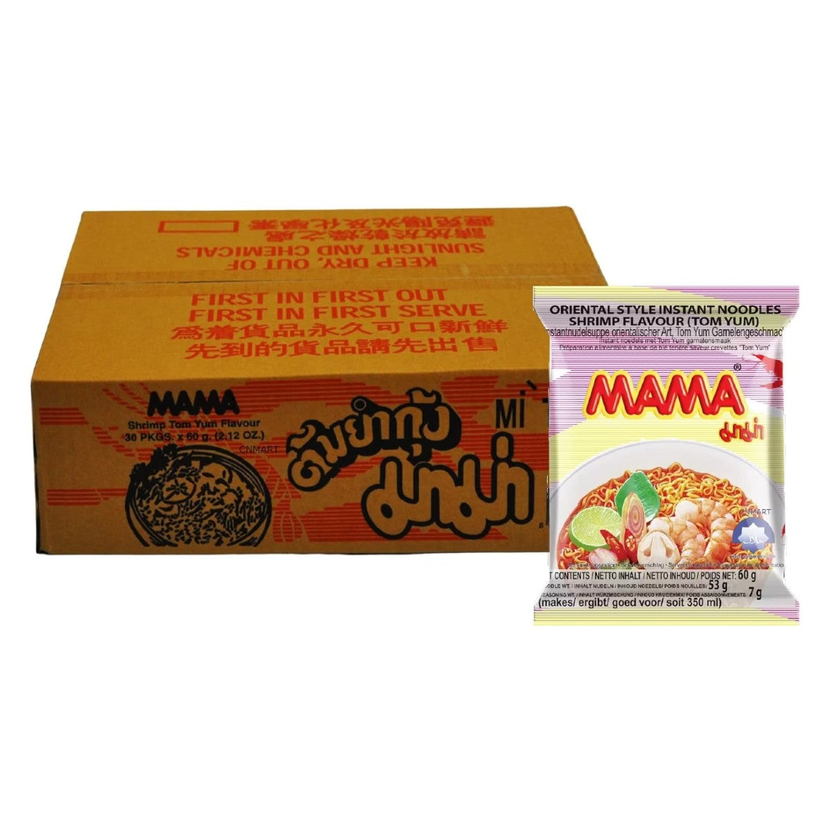 Mama Shrimp Tom Yum Flavour Oriental Style Instant Noodles 60g individual pack shown with 30-pack outer carton packaging.
