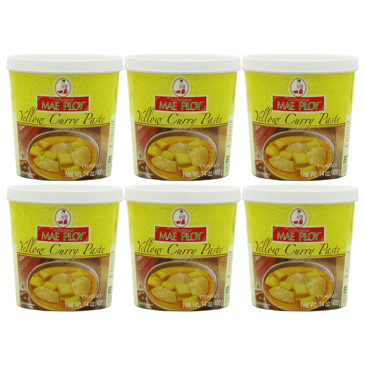Mae Ploy Thai Yellow Curry Paste 400g pack of six plastic tubs with yellow labels and Thai curry serving suggestion
