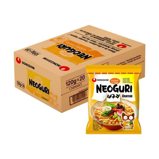 Nongshim Neoguri Seafood and Mild Ramyun Korean instant noodles, 120g pack of 20, showing outer carton and individual noodle packet with seafood soup noodles illustration.