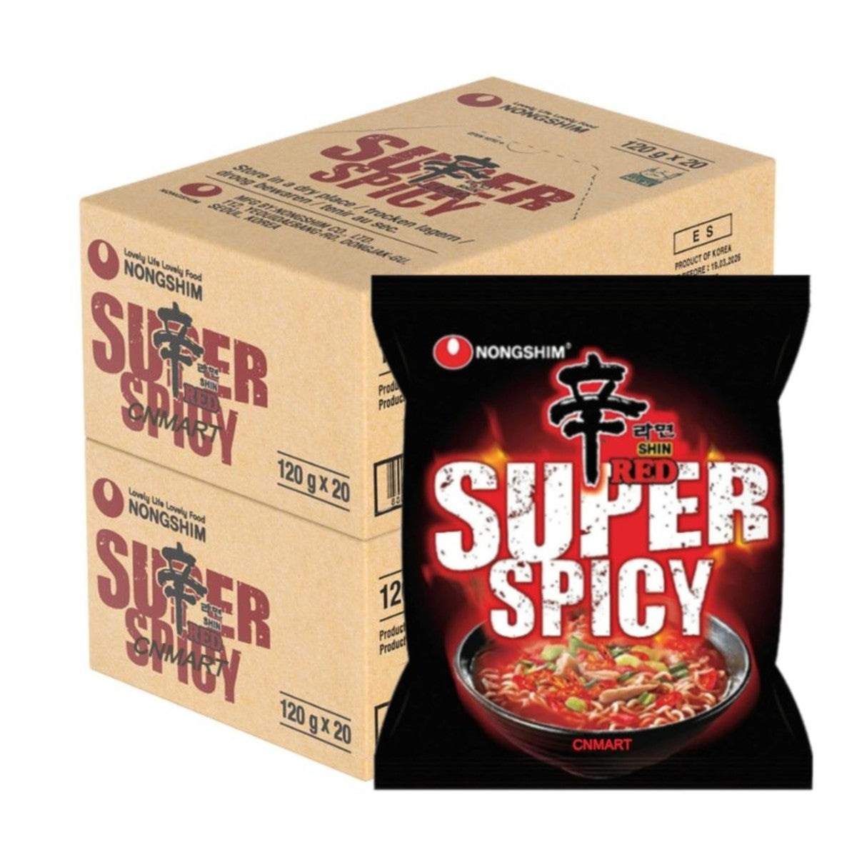 Nongshim Shin Red Super Spicy instant noodle pack shown in front of two cartons of 20, representing a pack of 40.