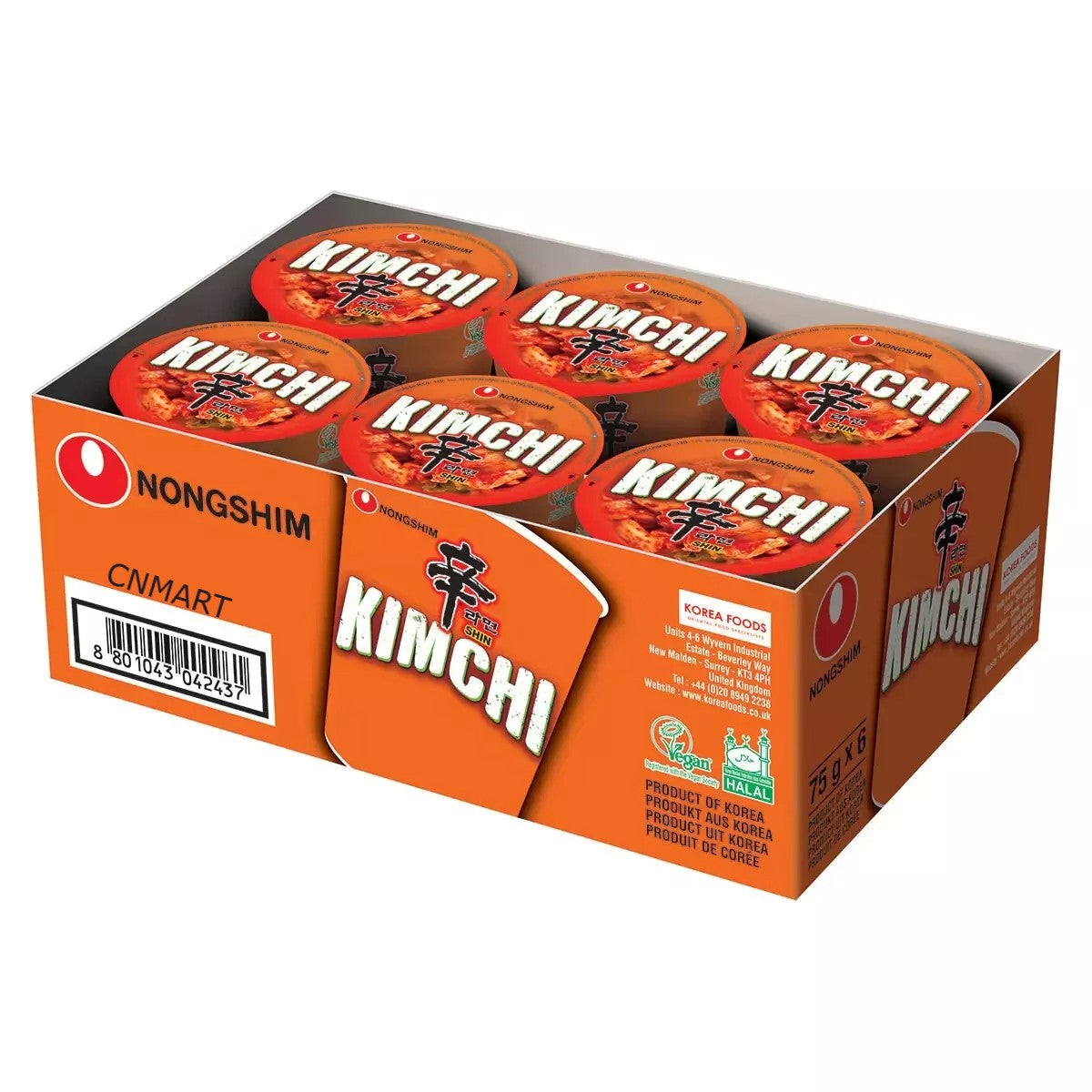 Six Nongshim Kimchi Shin Ramyun instant noodle cups in an orange multi-pack tray showing the kimchi cup lids and product branding.