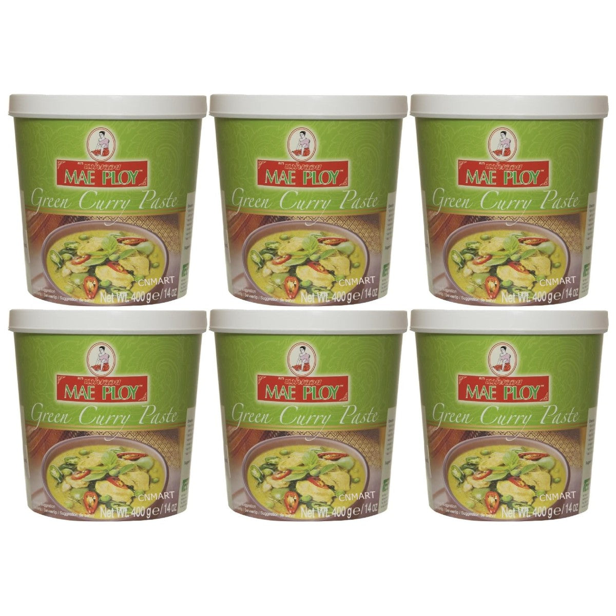 Mae Ploy Thai Green Curry Paste 400g six pack in green plastic tubs with serving suggestion image