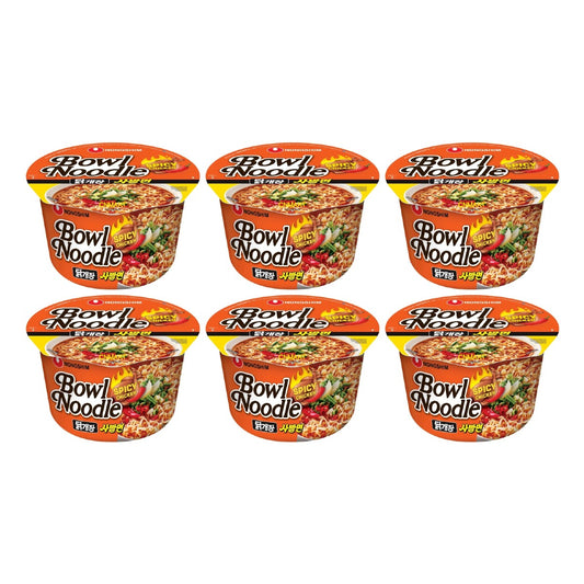 Six Nongshim Spicy Chicken Instant Noodle Soup Bowls 100 g, Korean bowl noodles in orange packaging arranged as a pack of 6.