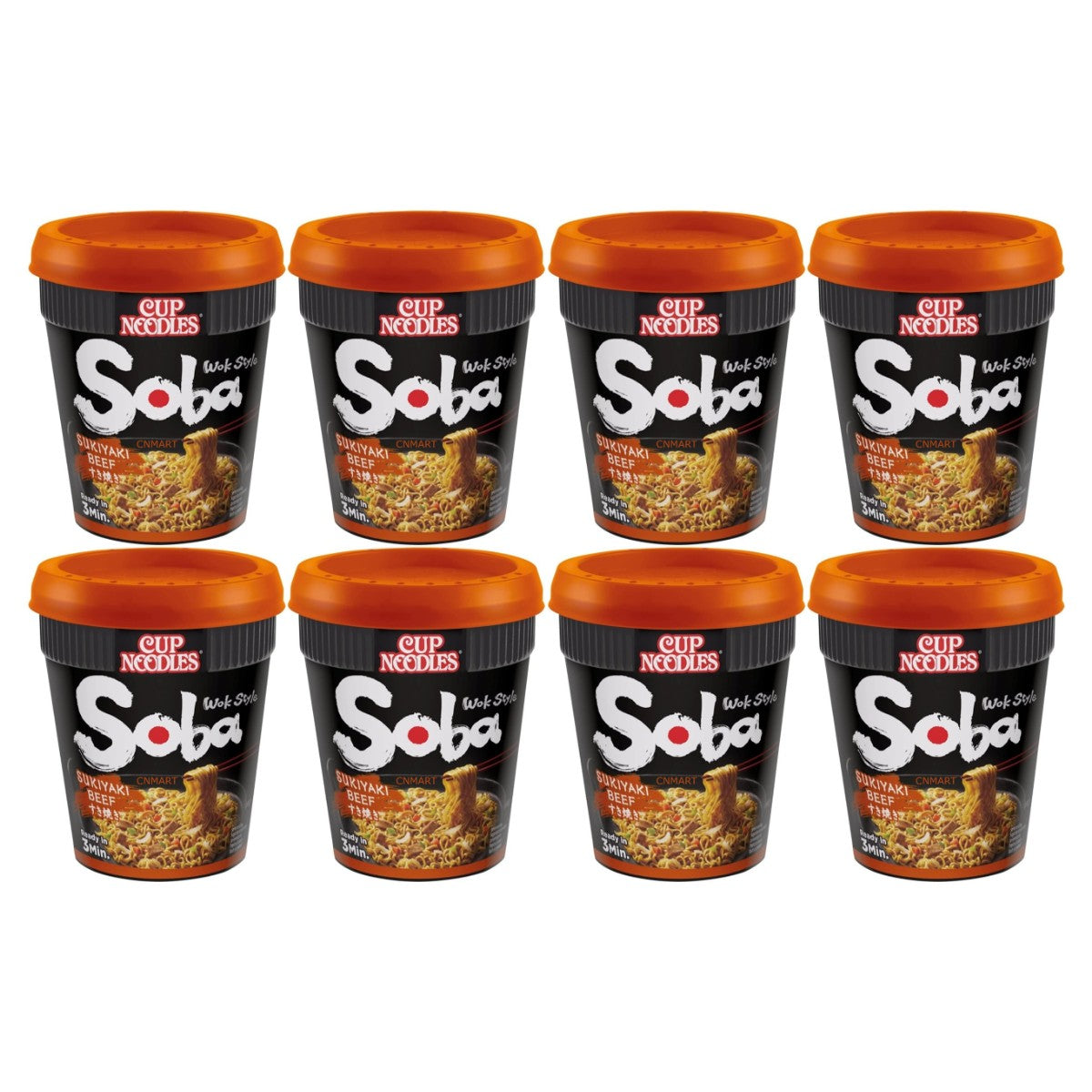 Nissin Soba Cup Noodles Sukiyaki Beef Flavour Wok Style 89g multipack with 8 Japanese instant noodle cups on white background