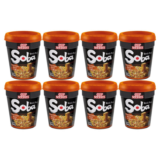 Nissin Soba Cup Noodles Sukiyaki Beef Flavour Wok Style 89g multipack with 8 Japanese instant noodle cups on white background
