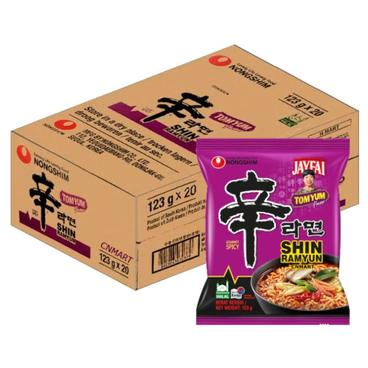 Nongshim Shin Ramyun Tom Yum flavour instant noodle pack shown in front of a 20 pack carton labelled 123 g x 20.