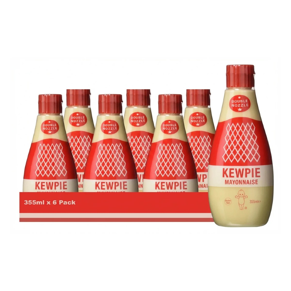 Kewpie Japanese mayonnaise double nozzle bottles 355ml pack of 6 on white background