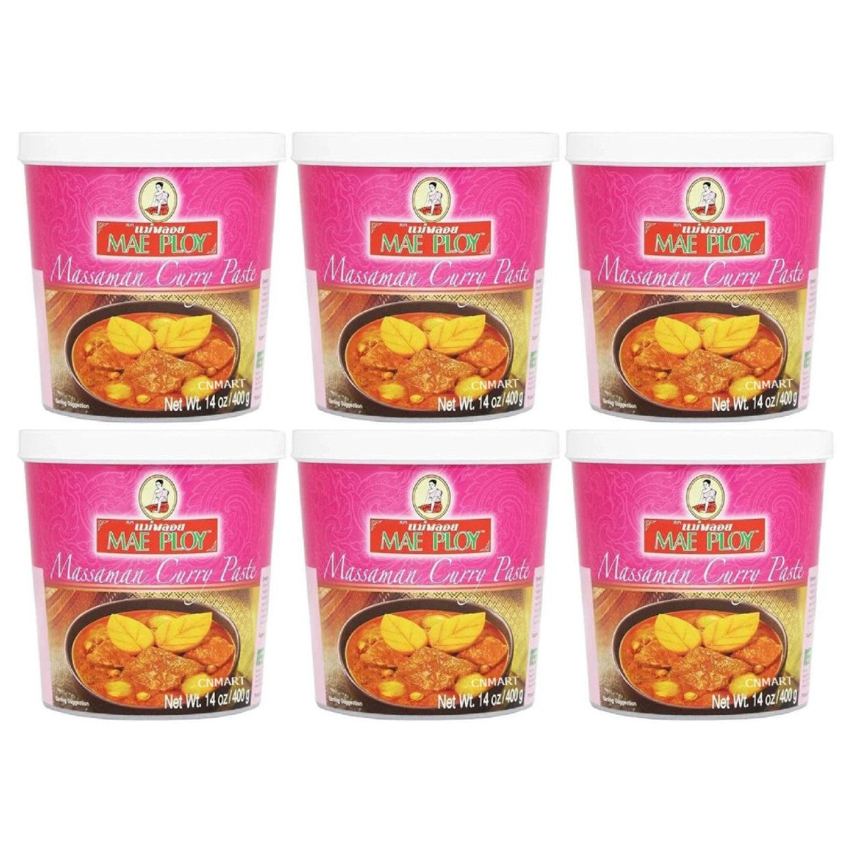 Mae Ploy Thai Massaman Curry Paste 400g pack of six sealed plastic tubs with Massaman curry serving suggestion on the label