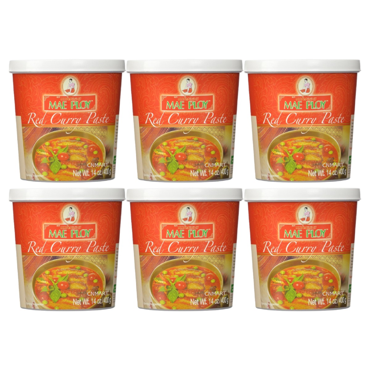 Mae Ploy Thai Red Curry Paste 400g pack of six plastic tubs with red labels and Thai red curry serving suggestion
