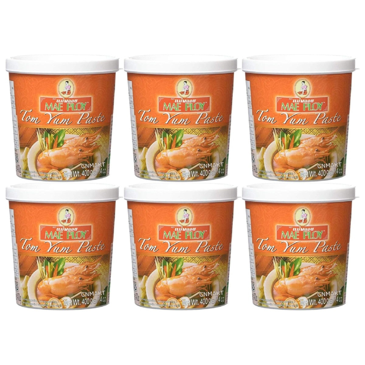 Six tubs of Mae Ploy Thai Tom Yum Curry Paste 400g with orange packaging, white lids and shrimp image on the label, front view product image