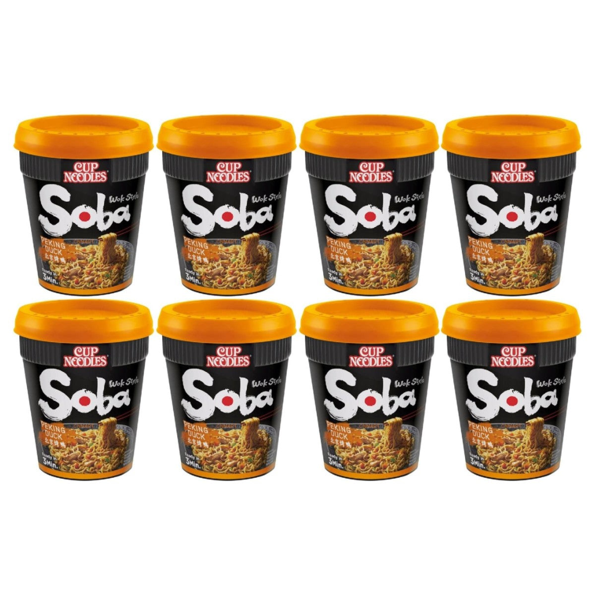 Nissin Soba Cup Noodles Peking Duck Flavour Wok Style 90g multipack with 8 Japanese instant noodle cups on white background