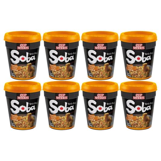 Nissin Soba Cup Noodles Peking Duck Flavour Wok Style 90g multipack with 8 Japanese instant noodle cups on white background