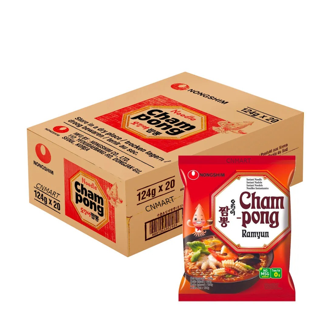 Carton of Nongshim Champong Ramyun 124g × 20 with a single spicy Korean seafood noodle pack displayed in front.
