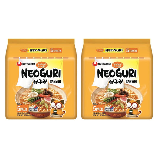 Nongshim Neoguri Seafood and Mild Ramyun Korean ramen noodles showing two 5 pack bags together, representing a total pack of 10 with thick noodles and mild seafood flavour.
