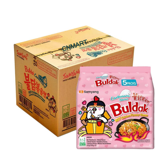 Samyang Buldak Carbonara hot chicken flavour instant ramen bulk carton representing pack 40, with a 5 pack retail bag displayed in front showing creamy stir fried noodles and halal certification