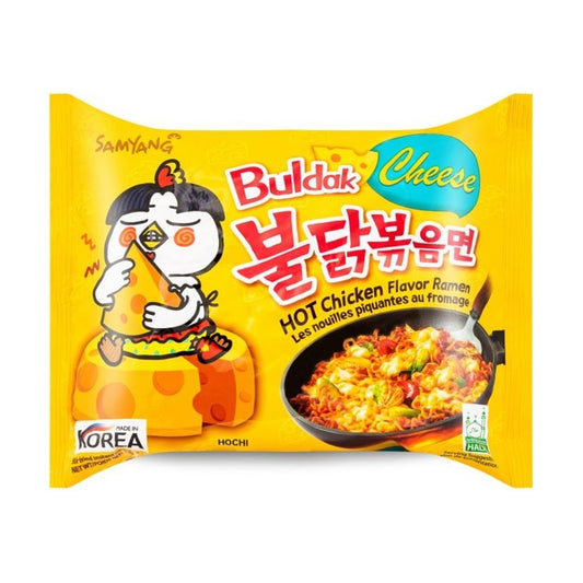 Samyang Buldak Hot Chicken Cheese Flavour Ramen Instant Noodles 140g Korean spicy stir-fried noodles in yellow packaging