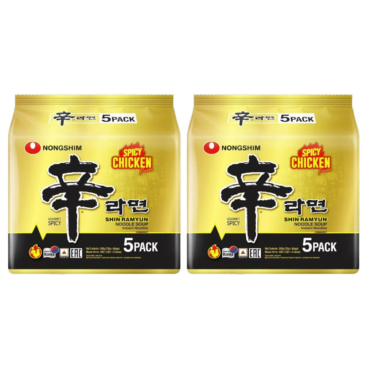 Nongshim Shin Ramyun Spicy Chicken Flavour Korean Instant Noodle Soup multipack, featuring two packs of five 120g noodle packets with spicy chicken seasoning and chewy ramyun noodles. Made in Korea.