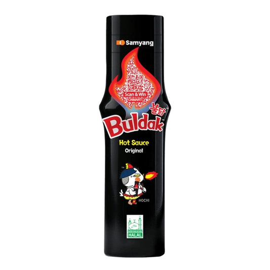 Samyang Buldak Original Hot Sauce bottle with spicy Korean chicken flavour sauce, black bottle packaging featuring the Buldak mascot and halal certification logo.