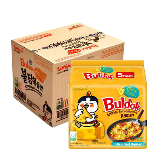 Samyang Buldak Hot Chicken Cheese Flavour Ramen Instant Noodles showing a pack of 40 bulk box alongside a front-facing 5-pack of Korean spicy stir-fried ramen