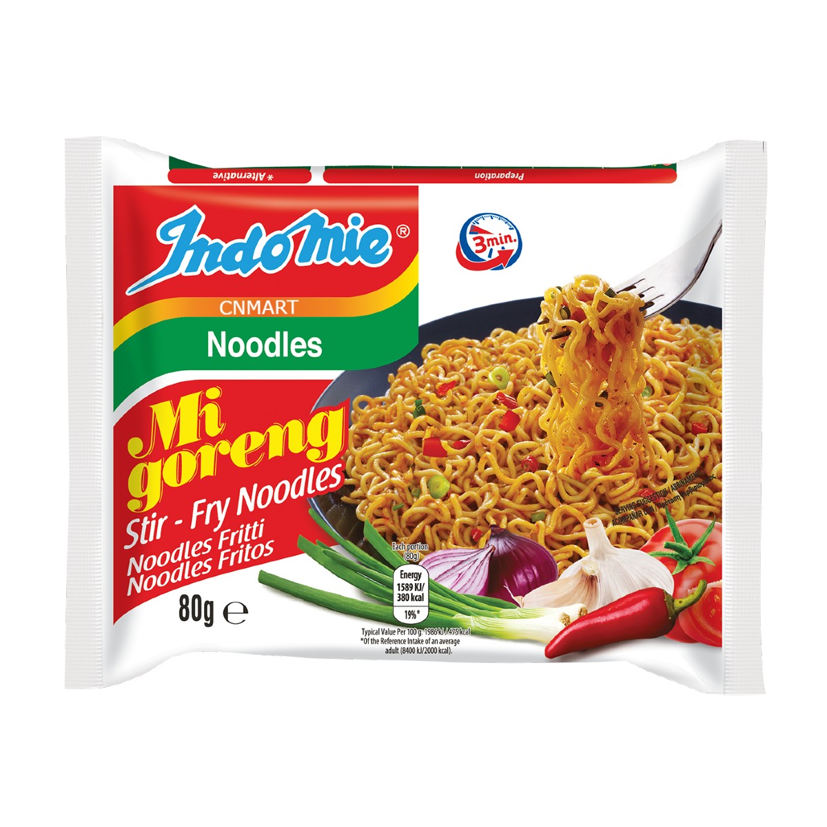 Indomie Mi Goreng fried instant noodles 80g packet showing stir-fried noodles with vegetables and chilli on the packaging.