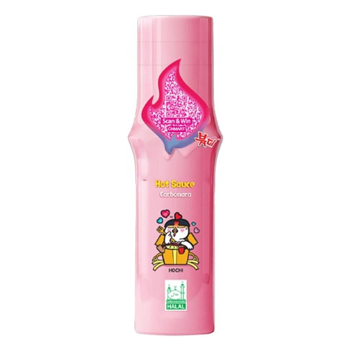 Samyang Buldak Carbonara Hot Sauce 165ml bottle, Korean spicy sauce with creamy carbonara flavour, pink packaging featuring the Buldak chicken character and halal certification logo.