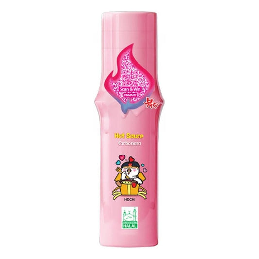 Samyang Buldak Carbonara Hot Sauce 165ml bottle, Korean spicy sauce with creamy carbonara flavour, pink packaging featuring the Buldak chicken character and halal certification logo.